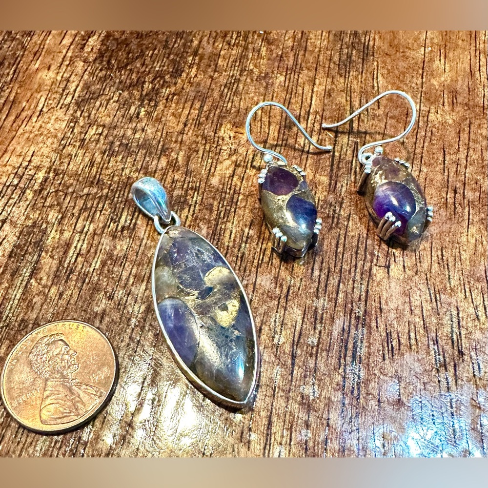 Amethyst Composite, Solid Sterling Pendant & Earr… - image 1
